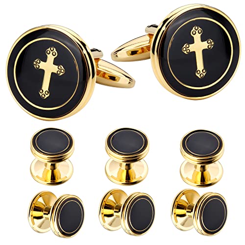 HAWSON Cufflinks and Studs for Men-Fashion Men Vintage Enamel Carbon Fiber Tuxedo Shirt Cufflinks and Studs Set for Regular Wedding Business Accessories, Metal, no gemstone,