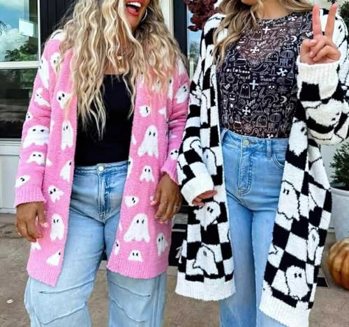 ebossy Women's Fall Fashion Ghost Print Open Front Long Cardigan Casual Furry Knit Long Sleeve Sweaters 2025 Winter Coats3