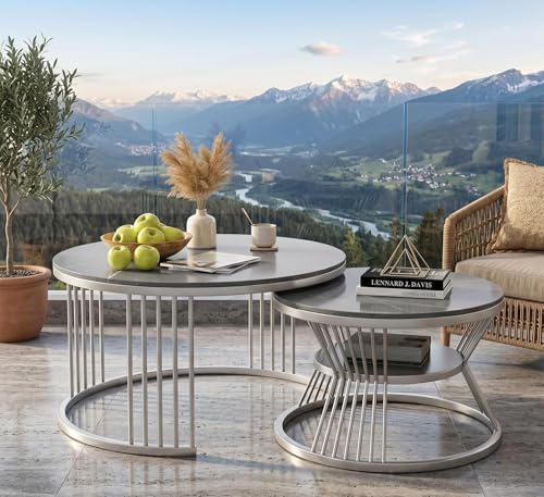Image of Modern Round Nesting Coffee Table Set of 2 with Marble Finish Top & Metal Frame | Space Saving Nesting Center Table for Living Room, Bedroom, Office Lounge | Contemporary Circular Coffee Table Set