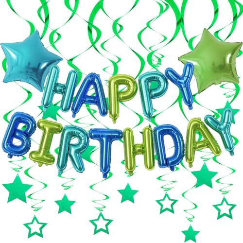 Blue And Green Happy Birthday Balloons Banner With Star Hanging Swirl Decorations, Blue And Green Star Foil Balloons For Happy Birthday Decorations Women, Men