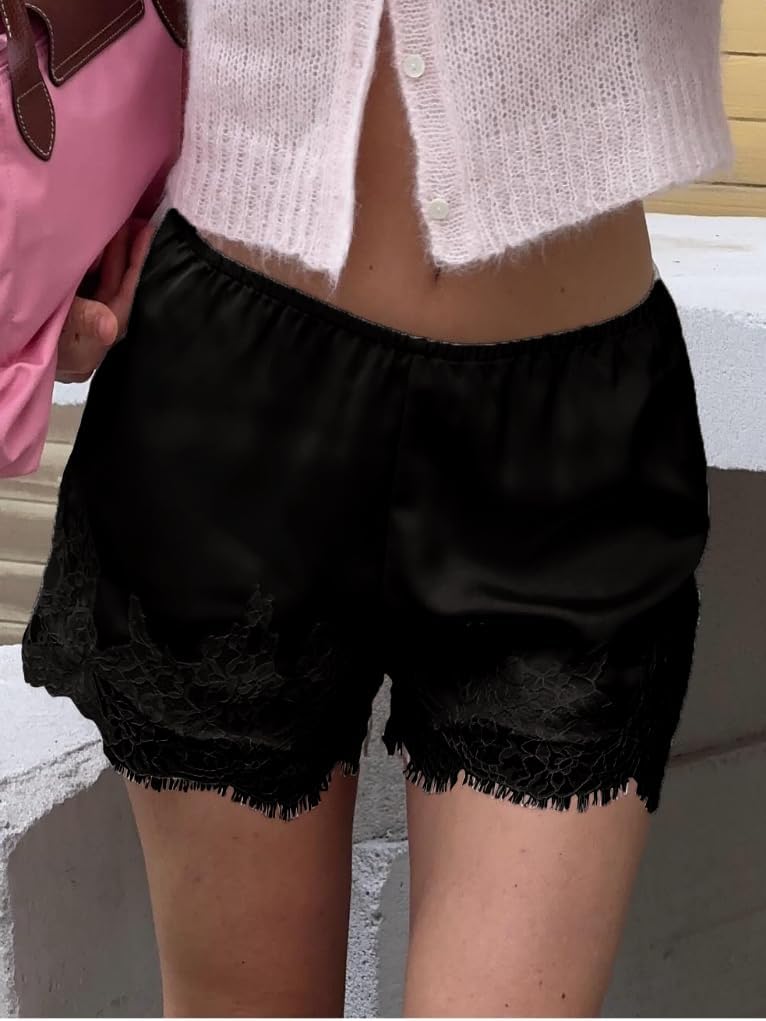 Seyumixi Women Satin Lace Shorts Silk Slip Mini Shorts Low Rise Coquette Elastic Waist Lace Trim Pettipants Lounge Bottoms - Image 3
