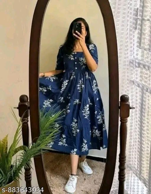 Image of Women's Rayon A-Line Midi Dress, Floral Print, Short Sleeves, Tiered Design, Round Neck, Summer Wear