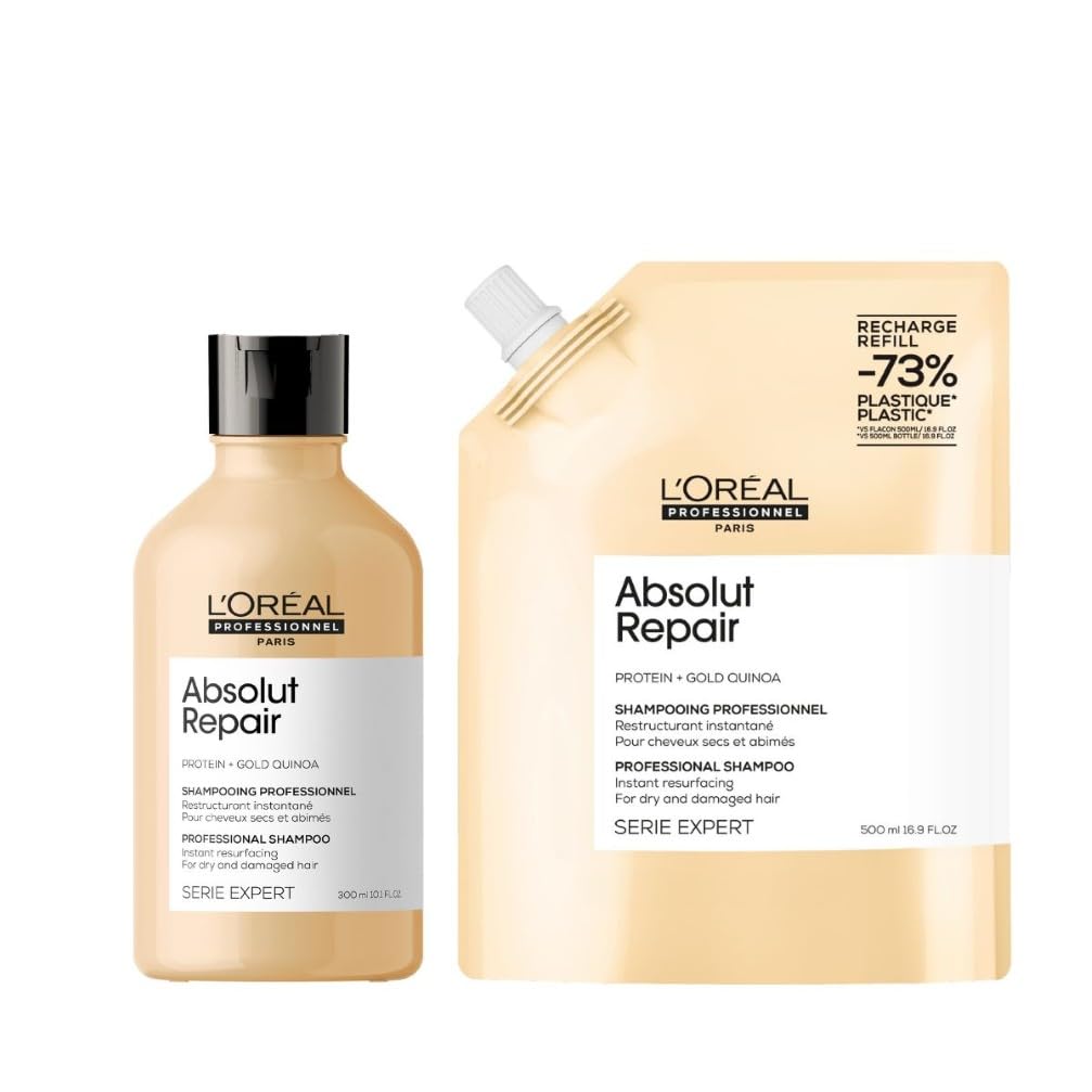 L'Oréal Professionnel Paris Kit Shampoo + Ricarica Professionale per Capelli Secchi e Danneggiati, Formula Ristrutturante, Meno Danni, Absolut Repair, 300ml + 500ml