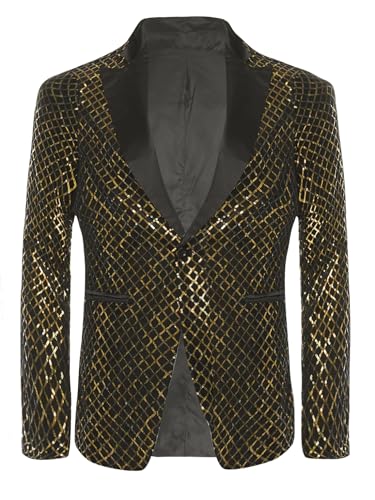 YEAHDOR Sequin Blazer for Men's Shiny Metallic Tuxedo Shawl Lapel Disco Party Plaid Suit Jackets Sports Coat