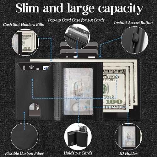 Pop Up Wallet for Men - RFID Blocking Slim Magnetic Wallet with Gift Box, Smart Pop Up Card Holder, Minimalist Case Money Cash Slot, Boyfriend Male Mens Father Husband Festival Gifts (Black)3