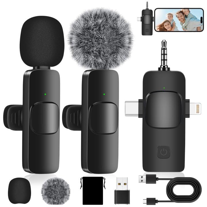 Farerkass Microfono Inalambrico para iPhone/Android/PC/Laptop, Plug Play Micrófono Inalámbrico con Parabrisas de Felpa y Esponja, Microfono Solapa, Wireless Microphone para Youtube, TikTok, Vlog