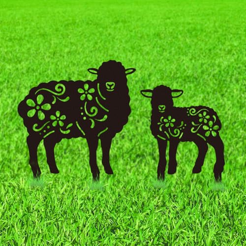 WADORN 2 Piquet de Jardin Décoratif en Métal de Mouton, Statues de Moutons Drôles en Métal Silhouettes de Fleurs Ornements de Jardin Cadeaux pour...