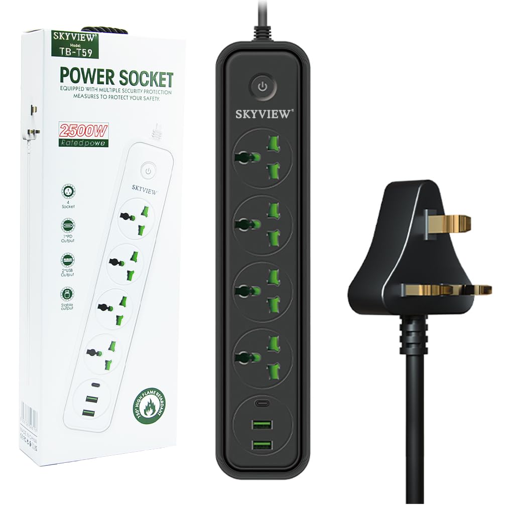 SKY VIEW Surge Protector Power Strip-Flat Plug Extension Cord With 4 Outlets And 2 USB、1 Type-C Ports,2M Power Cord(2500W/10A/110V-240V),PC Flame Retardant Material,Power Socket (Black)
