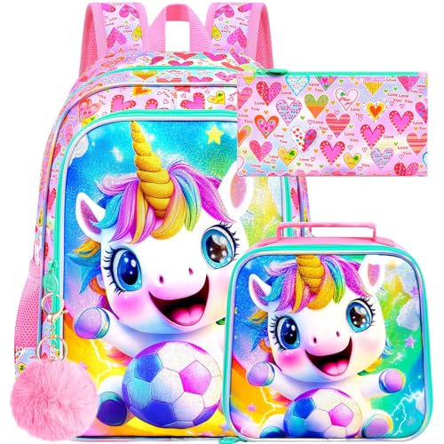 Image of HPJGD 3PCS Kids Unicorn Backpack for Girls, Soccer Bookbag Set with Lunch Box, Cute Water Resistant Elementary School Bag for Preschool Toddler - Pink Unicorn with Football