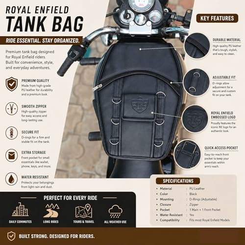 Image of Leatherette Scratch Proof Tank Cover| Tank Bag Compatible for Royal Enfield Classic /Electra /Bullet /Standard, Mobile Pocket with Zippered Compartment and Metal Rings Tank Cover - Black