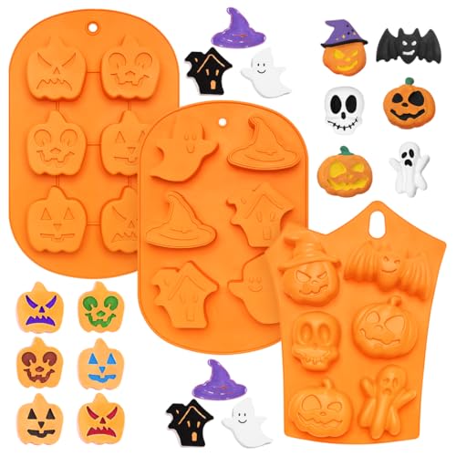O-Kinee 3PCS Molde Halloween, Moldes Magdalenas Halloween, Calabaza Silicona Molde para Hornear, Moldes Bizcocho Halloween, Muffin patrón Pudding Chocolate Moldes para Galletas 3D
