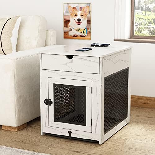 Piskyet Wooden Dog Crate with Storage Drawer&Pad&Tray, Support Wired/Wireless Charging, Dog Crate Furniture Small Dog Kennel Indoor-Marble White
