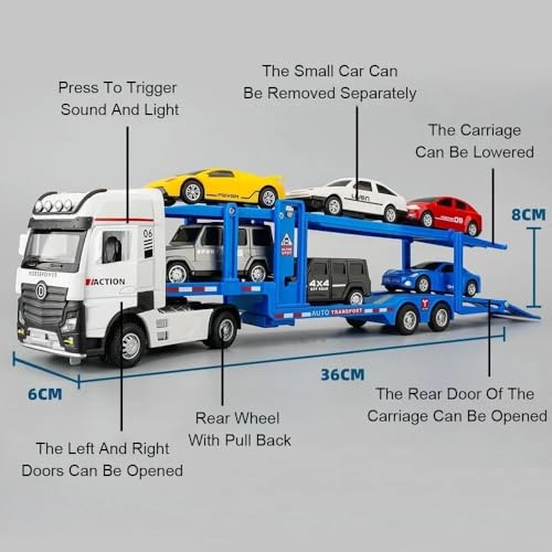 Image of Car Truck Toy 7-in-1 Transport Diecast Truck with Sounds Lights Pull Back