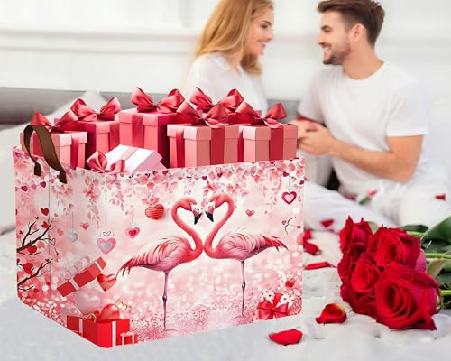 Image of Valentines Day Basket Large Foldable Heart Shaped Storage Box for Gifts Kids Empty Storage Bins Rectangular Toy Organizer Decor (Love Flamingo)