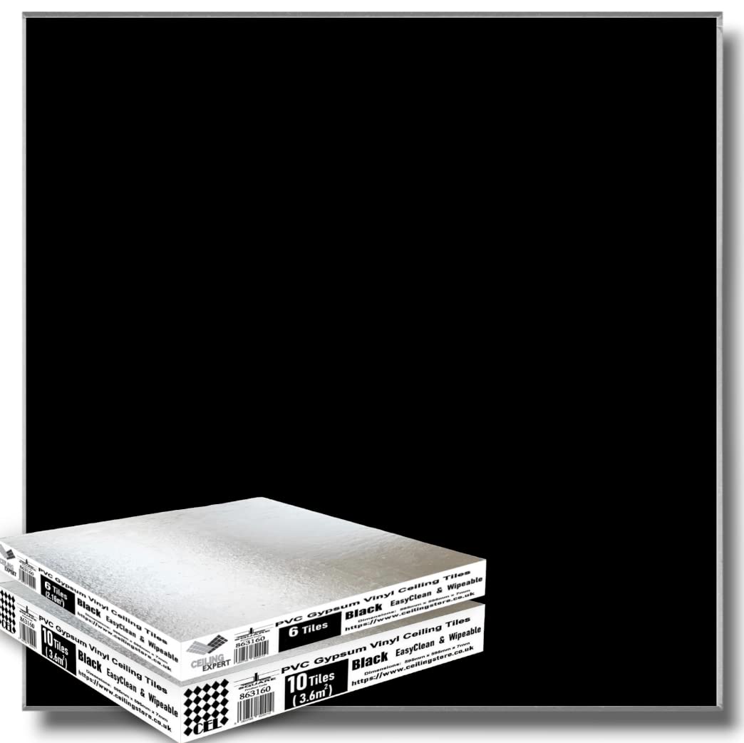 Black Suspended Vinyl Ceiling Tiles 595mm x 595mm x 7mm EASYCLEAN & Wipeable 600mm x 600mm Pack of 16 Tiles