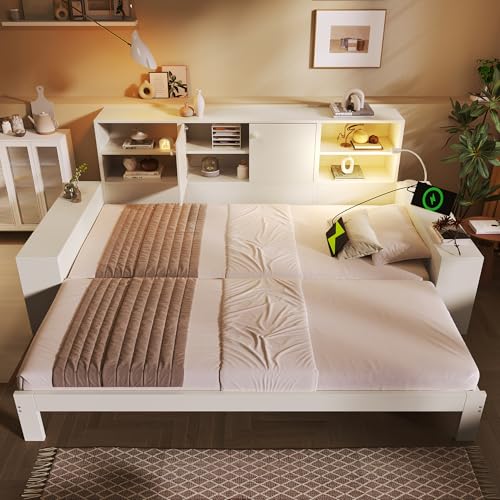 TOBIDOEN Cama de día de 90 x 200 cm con cama de invitados extensible, marco de madera con estantes ajustables en altura, práctico diseño lateral, ahorra espacio para salón y habitaciones de invitados