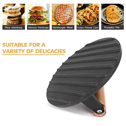 Presse à hamburger de 17,8 cm - Presse à hamburger robuste - Presse à hamburger ronde pour plaque de cuisson - Presse à barbecue en fonte avec poignée en bois tactile - Accessoires de barbecue