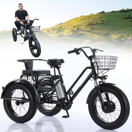 Triciclo Eléctrico Para Adultos,Con Neumáticos Anchos Todoterreno De 20' X 4.0,Cesta De La Compra Y Asiento Trasero,Batería Extraíble De 48v/12ah,Carga 200 Kg,Ideal Para Ir De Compras, Pícnics
