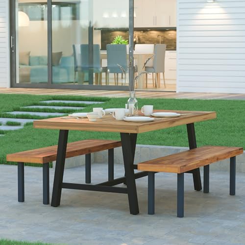 EMMA + OLIVER Whitford Dining Table - Solid Acacia Wood - Beautiful Natural Finish - Durable Metal Framework - Suitable for Indoor and Outdoor Use