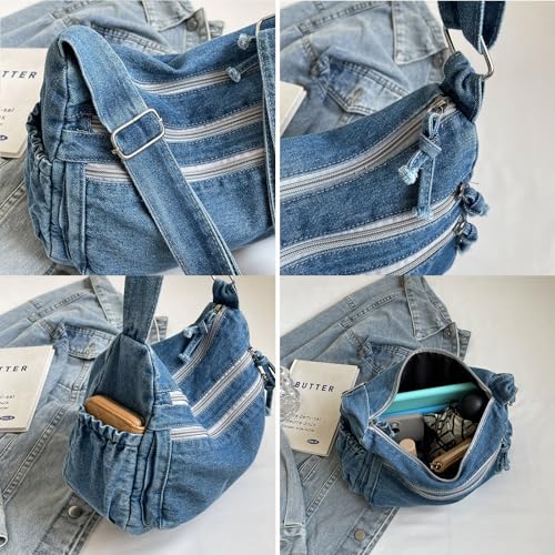 Image of Denim Shoulder Bag Canvas Messenger Bag for Women Men Tote Bag Casual Retro Aesthetic Crossbody Bag Handbag
