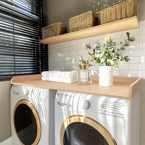 Kaboon Washer Dryer Countertop, Melamine Countertop with Edge Rails - 27.5" Depth x 54" Width Laundry Room Organization, Light Walnut
