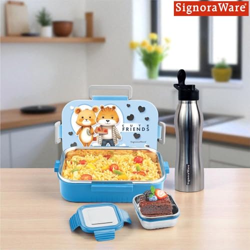 Image of SIGNORA WARE Delight C Chipmunk Stainless Steel Printed Lunch Box Set for Kids | Airtight Clip Lock Lid | Compact & Sleek Size | Great for Picnics & Outdoors (850ml + 160ml + 750ml Bottle | Sky Blue)