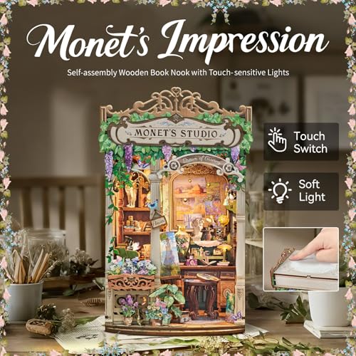 Image of Monet's Studio Book Nook Kit with LED Light & Dust Cover, DIY Miniature House Kit, 3D Wooden Puzzle Bookshelf Decor Model Building Kit, Christmas Birthday Gifts for Family, Friends