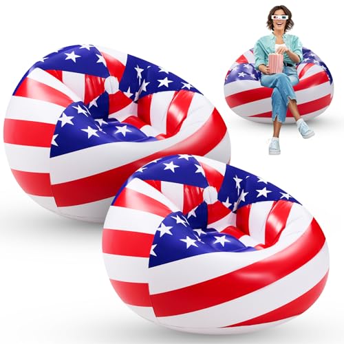2 Pcs Blow up Chairs 4th of July Inflatable Bean Bag Couch Patriotic Pool Chair Memorial Day Portable Lazy Sofa Seat for Independence Day Movie Night Camping Balcony Living Bedroom Reading Room