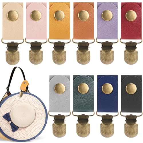 10pcs Sun Hat Clip,Portable PU Leather Clips for Holding Cap on Bag,Travel Hat Clip for Purse,Backpack,Luggage,Glasses,Scarves,Outdoor Travel Accessory,10Colors