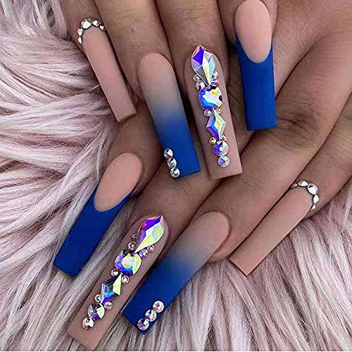 Feilisa Luxury Fake Nails Extra Long Press on Rhinestone Nails Blue Square Acrylic French False Nails With Glue Sticker Prom Women's Nails False Nail - Tips 24 pcs