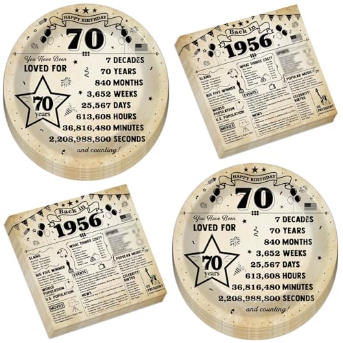 CHUNNIN 50pcs 70th Birthday Plates and Napkins 70 Year Old Birthday Party Decorations Vintage Back in 1956 Dessert Plates Vintage 1956 70th Theme Disposable Tableware Set for Men Women Party Supplies