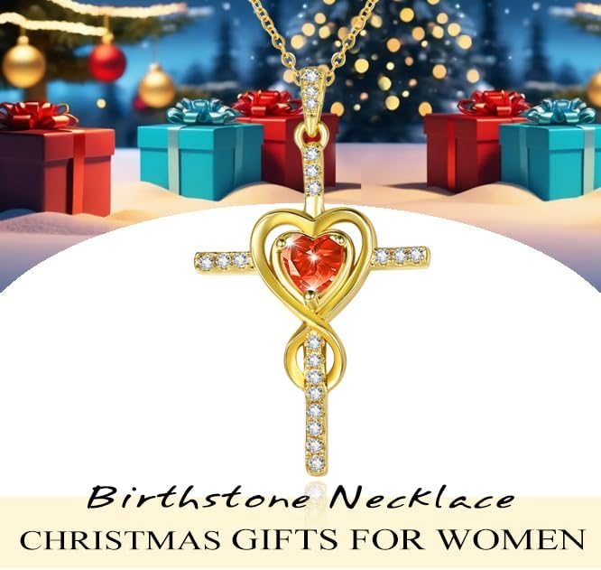 Cross Necklace for Women 14K Gold Plated Dainty Heart Birthstone Pendant Infinity Necklaces Religious Jewelry Christian Baptism Faith Anniversary Birthday Gifts for Wife Mom