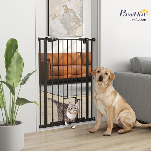 PawHut Extra Tall Dog Gate with Cat Door Auto Close for Stairs 74-80 cm Wide - Image 2