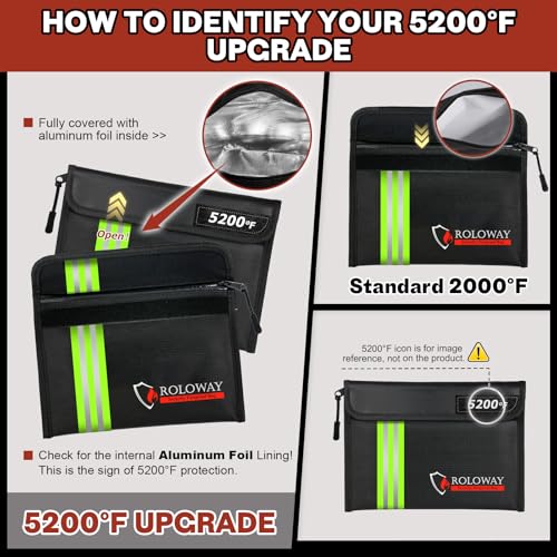 Image of ROLOWAY Fireproof Bag (9.6 x 6.6 inches) 5200℉ Heat Insulated with Reflective Strip, Fireproof Money Bag with Zipper for Cash (2-Pack Black)