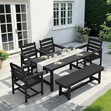 KINGYES 6-Piece Patio Dining Set, HDPE Outdoor Table and Chairs with Bench, Black