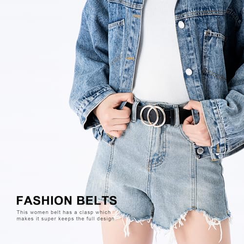 Women Faux Leather Belt for Jeans Dress Waist Belts with Gold Ring Buckle3