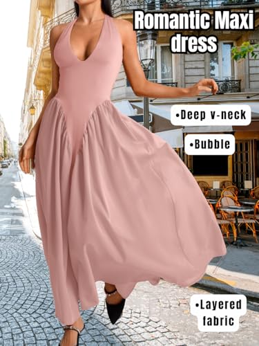 Image of ChiaoLezhee Deep V Neck Dress, Halter Maxi Dresses, Vacation Date Night, Sexy for Women Corset Flowy Wedding Guest Drop Waist
