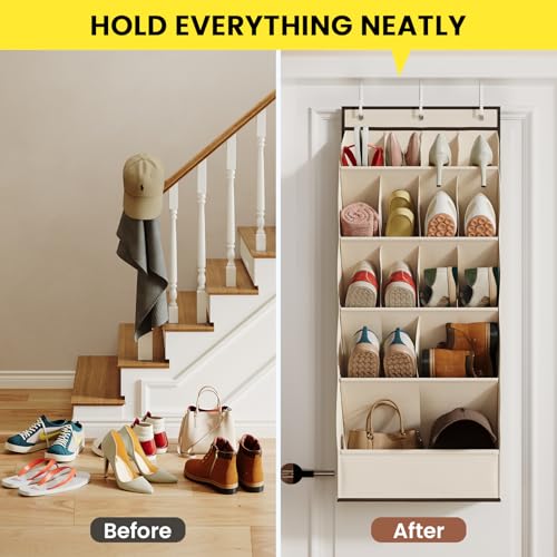 Mefirt 18 Pairs Over the Door Shoe Organizer, Shoe Rack for Closet with Large Breathable Pockets, Hanging Shoes Rack for Boots, Behind the Door Organizer Shoe Holder for Categorized Storage, Beige — view 6