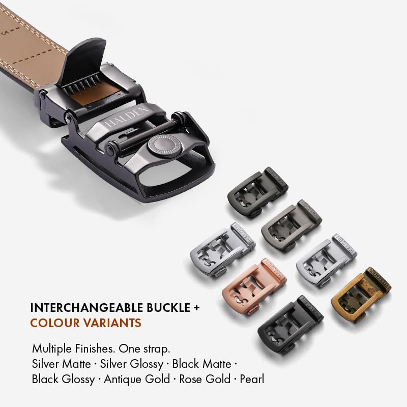 Image of HALDEN THEO Belt For Men Leather Original (Adjustable Fits Up to 44 Inch Waist) Ratchet Straps, Unique Magnetic Auto-lock Buckle Adjustable Belt For Men