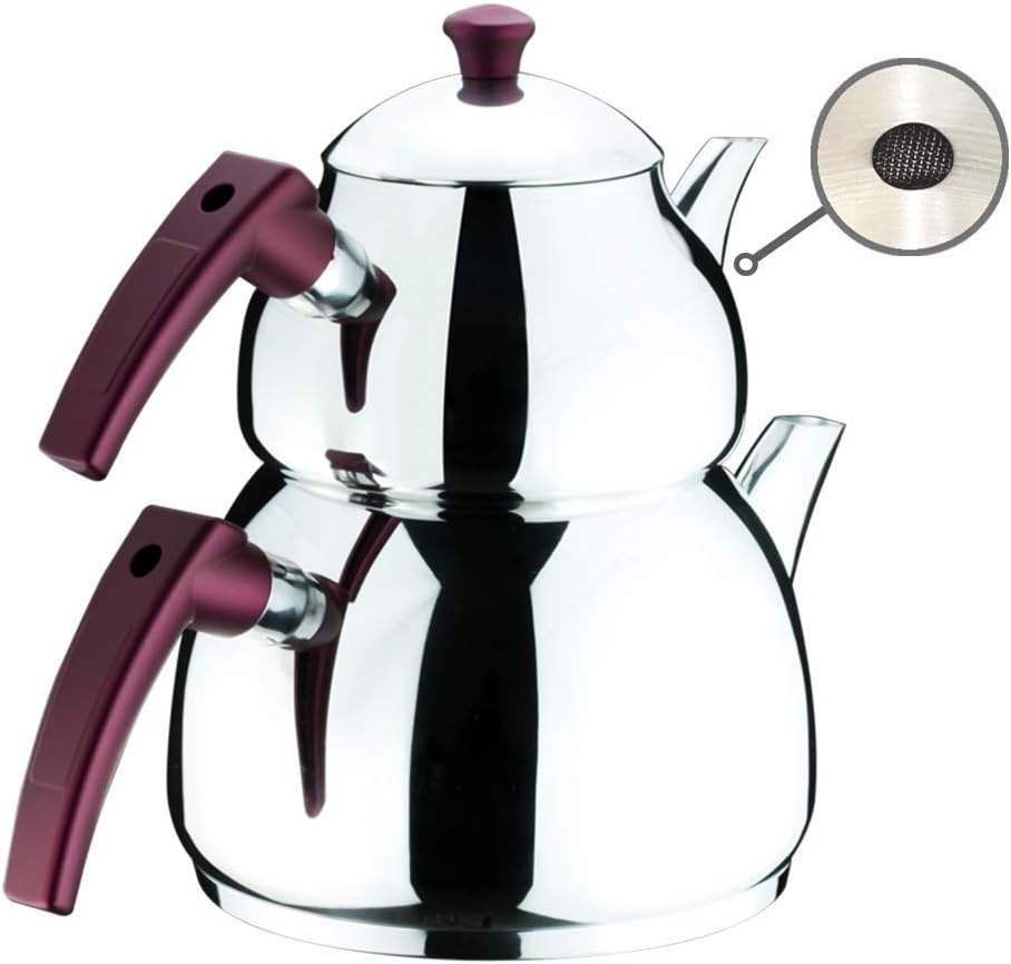 HakanTurkish Tea Pots Set for Stove Top, Stainless Steel Double Teapot Set with Bakalite Handle, Samovar Style Self-Strained Tea Kettle, Total Capacity of 3.25 L (MAROON)