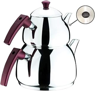 Turkish Tea Pots Set for Stove Top, Stainless Steel Double Teapot Set with Bakalite Handle, Samovar Style Self-Strained Te...