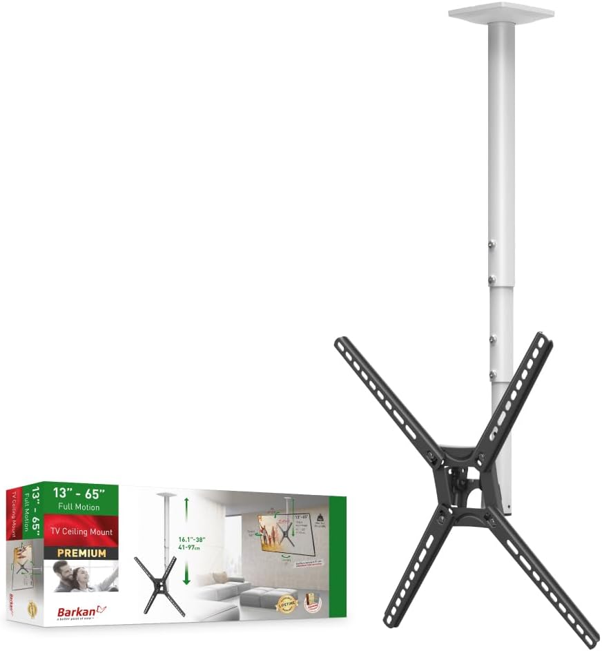 Barkan 38'' Long White TV Ceiling Mount, 13-65 inch Full Motion - 3 Movement Flat/Curved Screen Bracket, Holds up to 88lbs, Telescopic Height Adjustment, Fits LED OLED LCD