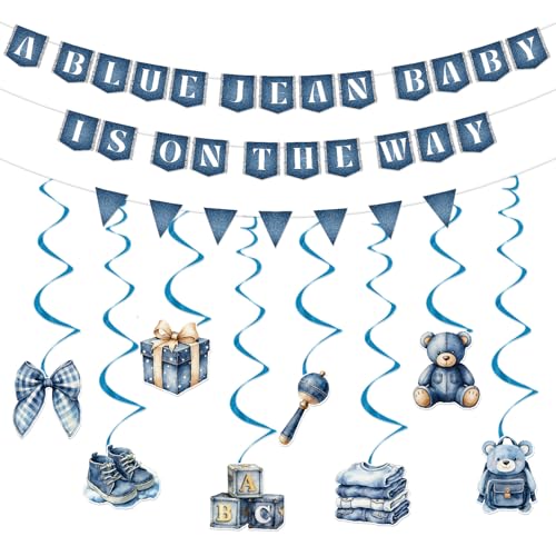 Image of Blue Jean Baby Shower Decorations - 11 Pcs a Blue Jean Baby is on The Way Banner Hanging Swirls Party Decorations, Denim Cloth Bear Baby Shower Decor Supplies for Kids Boys