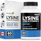 Renew Actives L-Lysine 1000 mg per Serving with Zinc & Vitamin C – Supports Immune Function, Collagen Formation, Antioxidant Support, & Healthy Skin, Hair, & Nails – Made in Canada – 60 Tablets