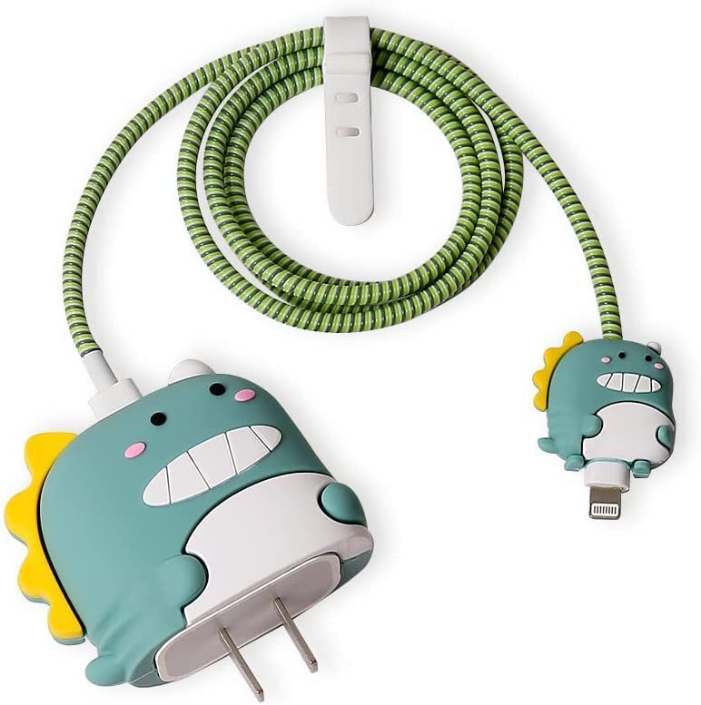 Image of Best HUB Cartoon 3D Design Protective Case Compatible with (Only Samsung Galaxy 25W) USB-C Power Adapter Charger, Cute Cartoon Type C Data Cable Case for Samsung (Green Dino)
