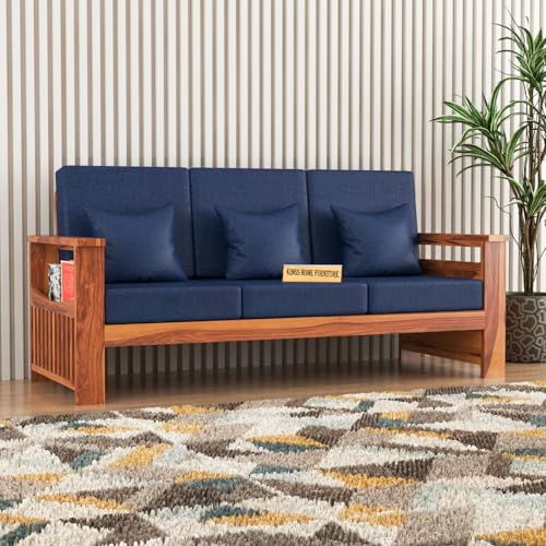 Image of KINGS HOME FURNITURE Sheesham Wooden 3 Seater Sofa for Living Room | Rosewood 3 Seater Cushion Sofa Side Half Moon Rack | Solid Wood Sofa Set for Lounge (3 Seater,Honey Finish)