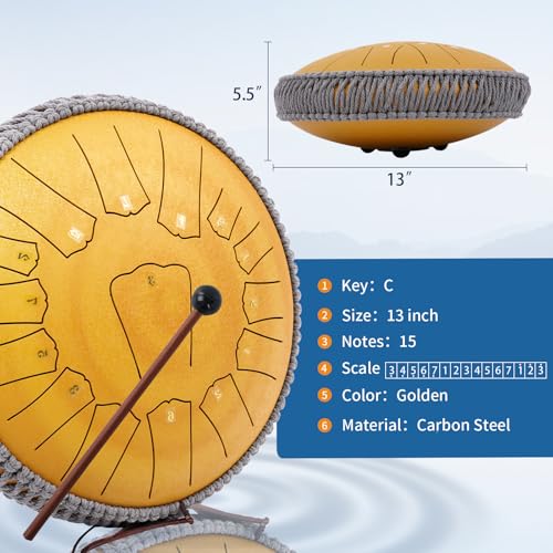 Rain Drum for Outside Garden, 13 Inches 15 Notes Rain Chime Steel Tongue Chakra Drum Gold, Hand Pan Musical Instrument Gift with Bag for Adult Kids, Mallets for Meditation Yoga - Image 3