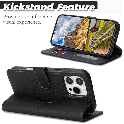 Image of Detachable Genuine Leather Case for iPhone 16 Pro Max Wallet Case Magnetic 2in1 Removable Flip Cover Book Purse Compatible with Magsafe Charging Kickstand Card Holder-Black