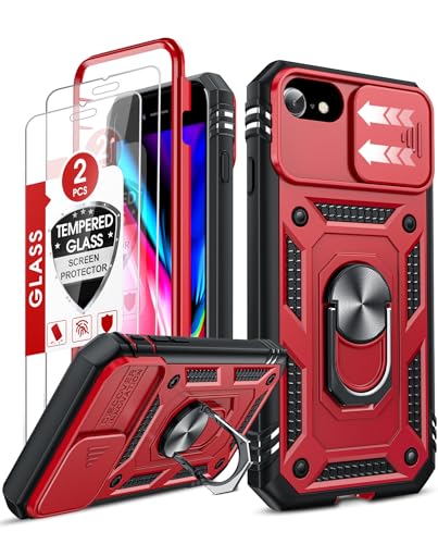 LeYi Compatible for iPhone SE 3rd/ 2nd Generation Case: 7/8/ SE 2022 2020 Phone Cover with Slide Camera Cover+ 2pcs Tempered Glass Screen Protector, Full Body Case with Kickstand for SE, Red+Black