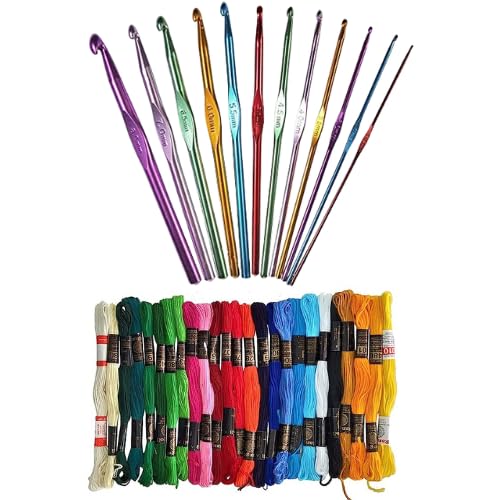 Gemsy Crochet Aluminum Hook Pack of 12 and Embroidery Thread 50 pcs | Ultimate Sewing, Craft, Sweater, Woolen Cloth, Yarn, Thread | Needles Kit for Knitting Projects | DIY